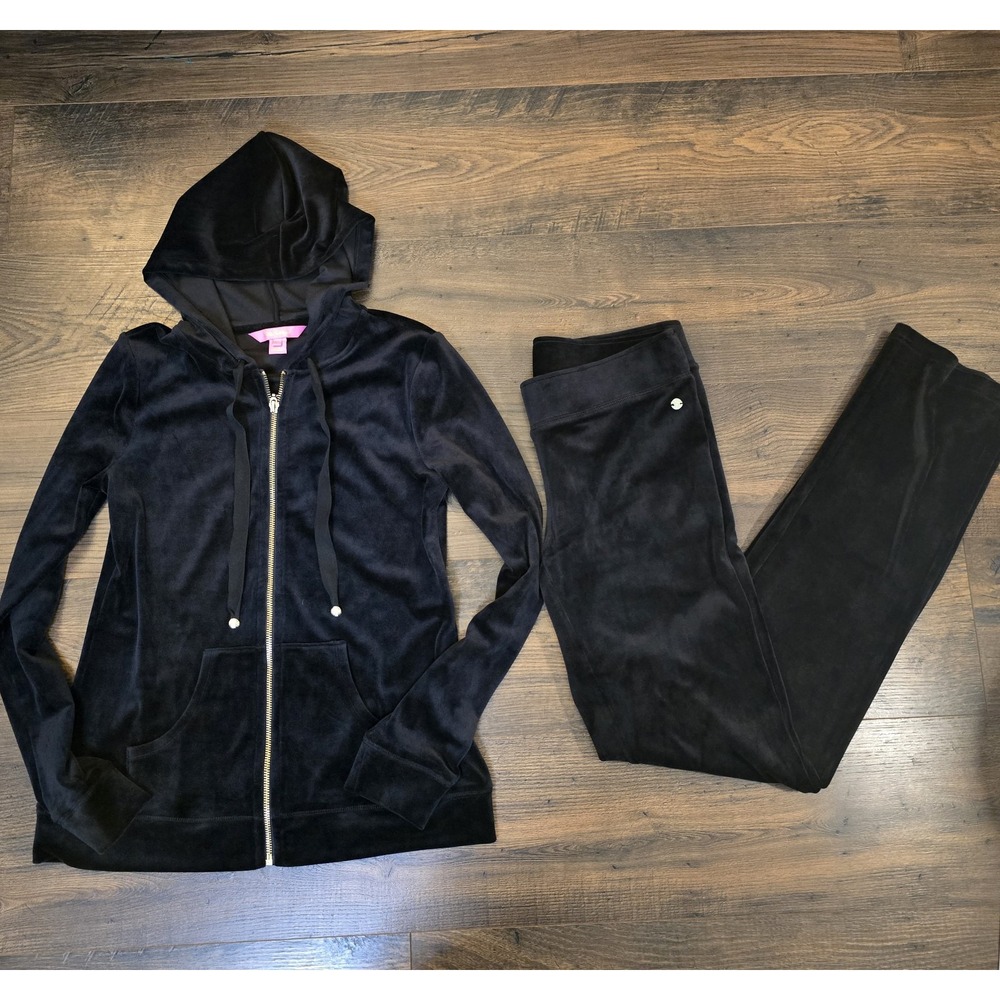 Lilly Pulitzer Black Velour Tracksuit Set Jacket XS Pants S Zip Up Y2K‎ Style